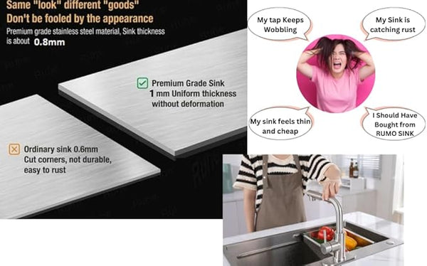 RUMO Opulent Nano Black Stainless Steel Kitchen Sink 1.0 One Single Large Deep Bowl Reversible Drainer Inset Sinks with Waste Kit Scratch Resistant