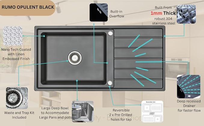 RUMO Opulent Nano Black Stainless Steel Kitchen Sink 1.0 One Single Large Deep Bowl Reversible Drainer Inset Sinks with Waste Kit Scratch Resistant