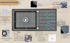 RUMO Opulent Nano Black Stainless Steel Kitchen Sink 1.0 One Single Large Deep Bowl Reversible Drainer Inset Sinks with Waste Kit Scratch Resistant