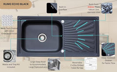 RUMO Echo Nano Black Anthracite Stainless Steel Kitchen Sink 1.0 One Single Large Deep Bowl Reversible Drainer Inset Sinks with Waste Kit