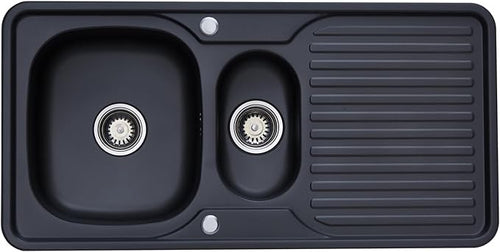 RUMO Prime Black Anthracite Kitchen Sink 1.5 One and Half Bowl Reversible Stainless Steel Inset with Waste Kit Scratch Resistant (Rumo Prime Black/Charcoal)