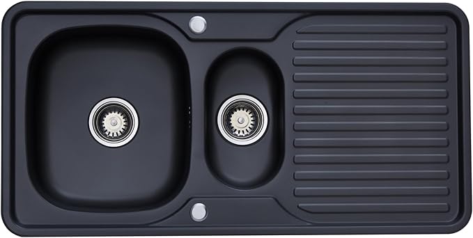 RUMO Prime Black Anthracite Kitchen Sink 1.5 One and Half Bowl Reversible Stainless Steel Inset with Waste Kit Scratch Resistant (Rumo Prime Black/Charcoal)