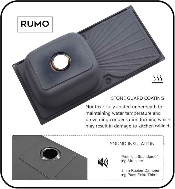 RUMO Opulent Nano Black Stainless Steel Kitchen Sink 1.0 One Single Large Deep Bowl Reversible Drainer Inset Sinks with Waste Kit Scratch Resistant