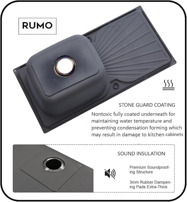 RUMO Prime Black Anthracite Kitchen Sink 1.5 One and Half Bowl Reversible Stainless Steel Inset with Waste Kit Scratch Resistant (Rumo Prime Black/Charcoal)
