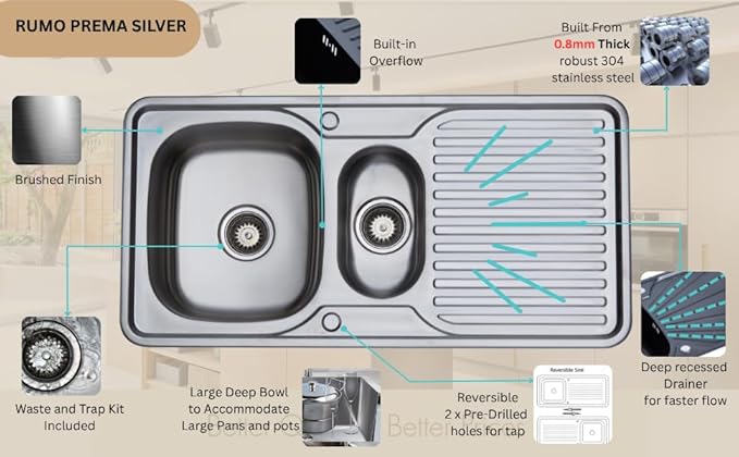 RUMO Prime Black Anthracite Kitchen Sink 1.5 One and Half Bowl Reversible Stainless Steel Inset with Waste Kit Scratch Resistant (Rumo Prime Black/Charcoal)