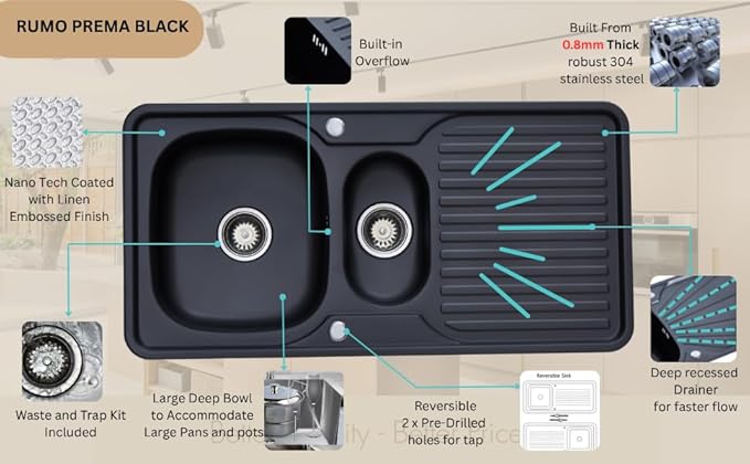 RUMO Prime Black Anthracite Kitchen Sink 1.5 One and Half Bowl Reversible Stainless Steel Inset with Waste Kit Scratch Resistant (Rumo Prime Black/Charcoal)