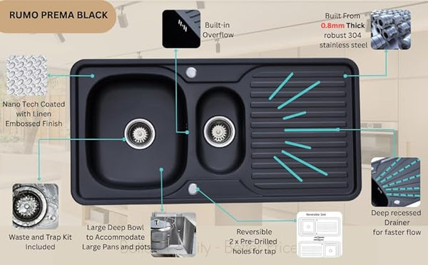 RUMO Prime Black Anthracite Kitchen Sink 1.5 One and Half Bowl Reversible Stainless Steel Inset with Waste Kit Scratch Resistant (Rumo Prime Black/Charcoal)