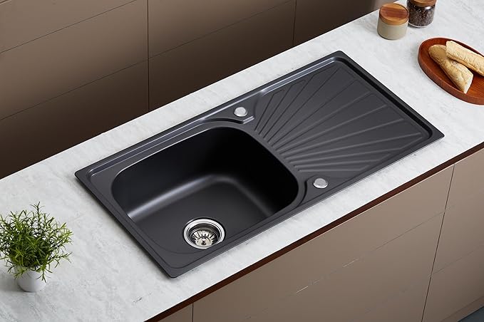 RUMO Aurora Nano Black Anthracite Stainless Steel Kitchen Sink 1.0 One Single Large Deep Bowl Reversible Drainer Inset Sinks with Waste Kit Secondary image