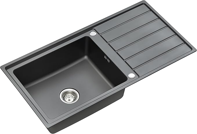 RUMO Opulent Nano Black Stainless Steel Kitchen Sink 1.0 One Single Large Deep Bowl Reversible Drainer Inset Sinks with Waste Kit Scratch Resistant