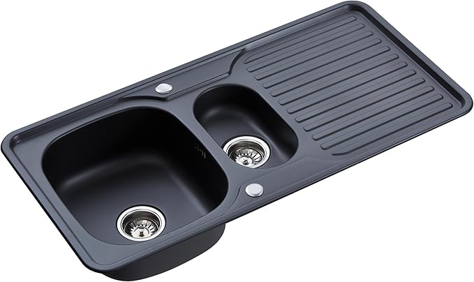 RUMO Prime Black Anthracite Kitchen Sink 1.5 One and Half Bowl Reversible Stainless Steel Inset with Waste Kit Scratch Resistant (Rumo Prime Black/Charcoal)