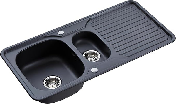 RUMO Prime Black Anthracite Kitchen Sink 1.5 One and Half Bowl Reversible Stainless Steel Inset with Waste Kit Scratch Resistant (Rumo Prime Black/Charcoal)