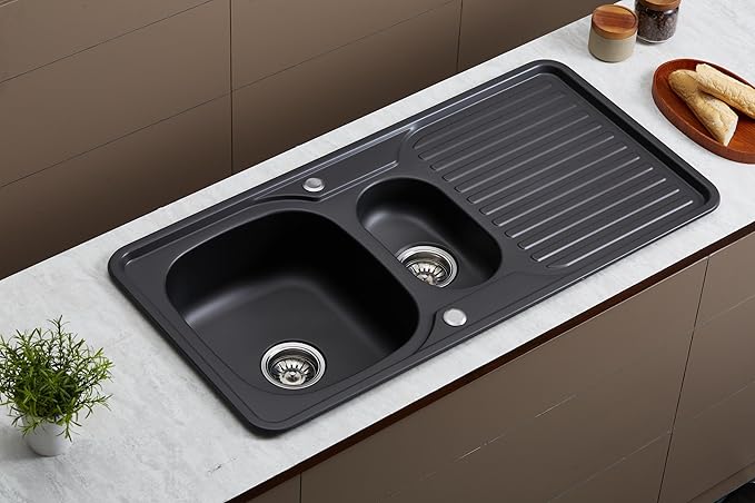 RUMO Prime Black Anthracite Kitchen Sink 1.5 One and Half Bowl Reversible Stainless Steel Inset with Waste Kit Scratch Resistant (Rumo Prime Black/Charcoal) Secondary image