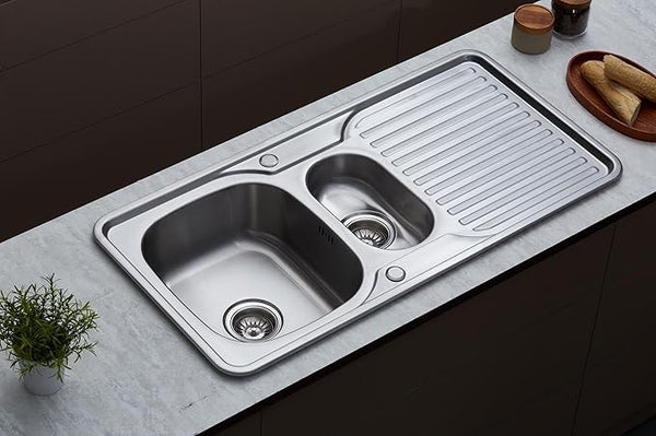 RUMO Prime Black Anthracite Kitchen Sink 1.5 One and Half Bowl Reversible Stainless Steel Inset with Waste Kit Scratch Resistant (Rumo Prime Black/Charcoal)