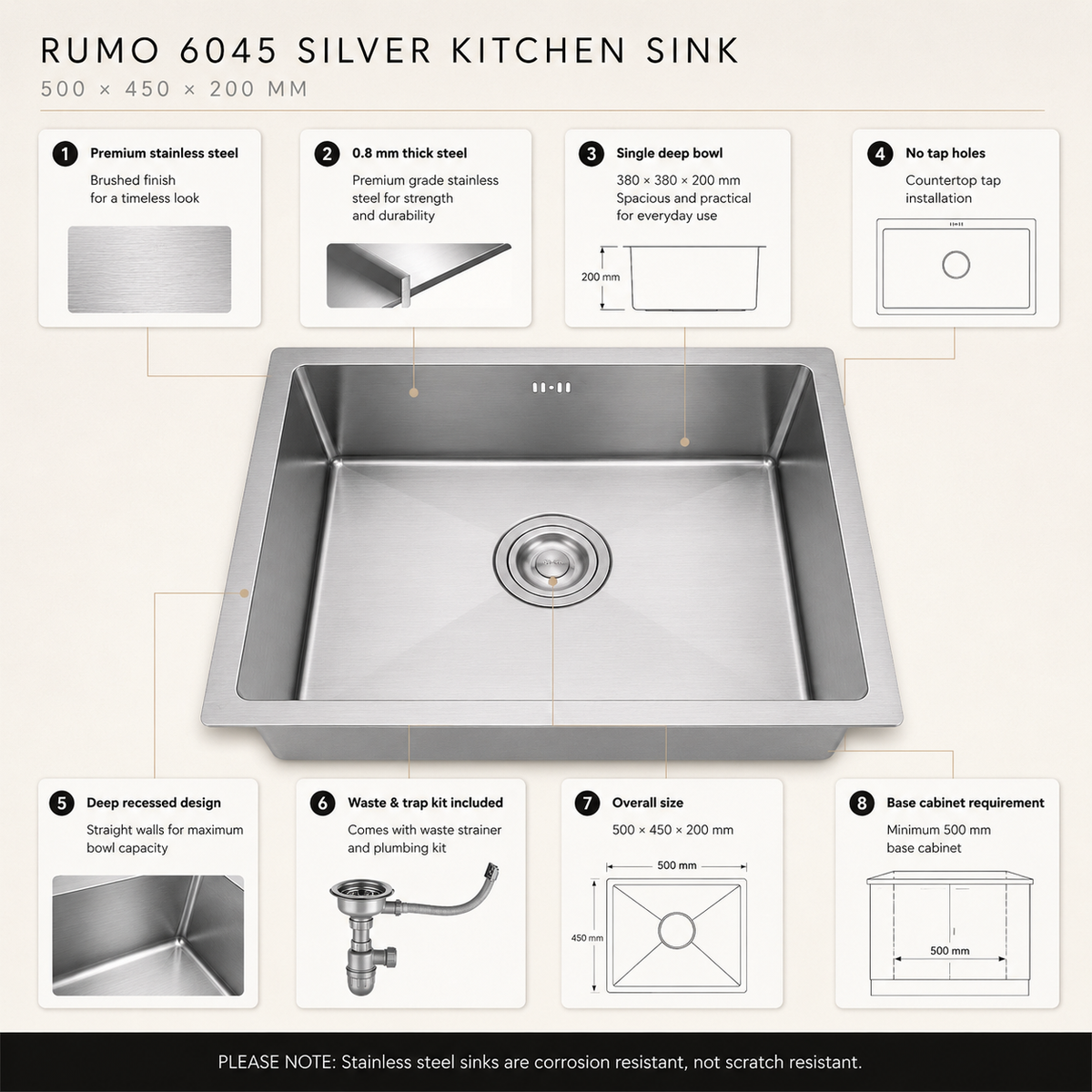 RUMO 6045 Silver Single Bowl Undermount Kitchen Sink, 600x450mm specifications infographic showing finish, gauge, and bowl dimensions