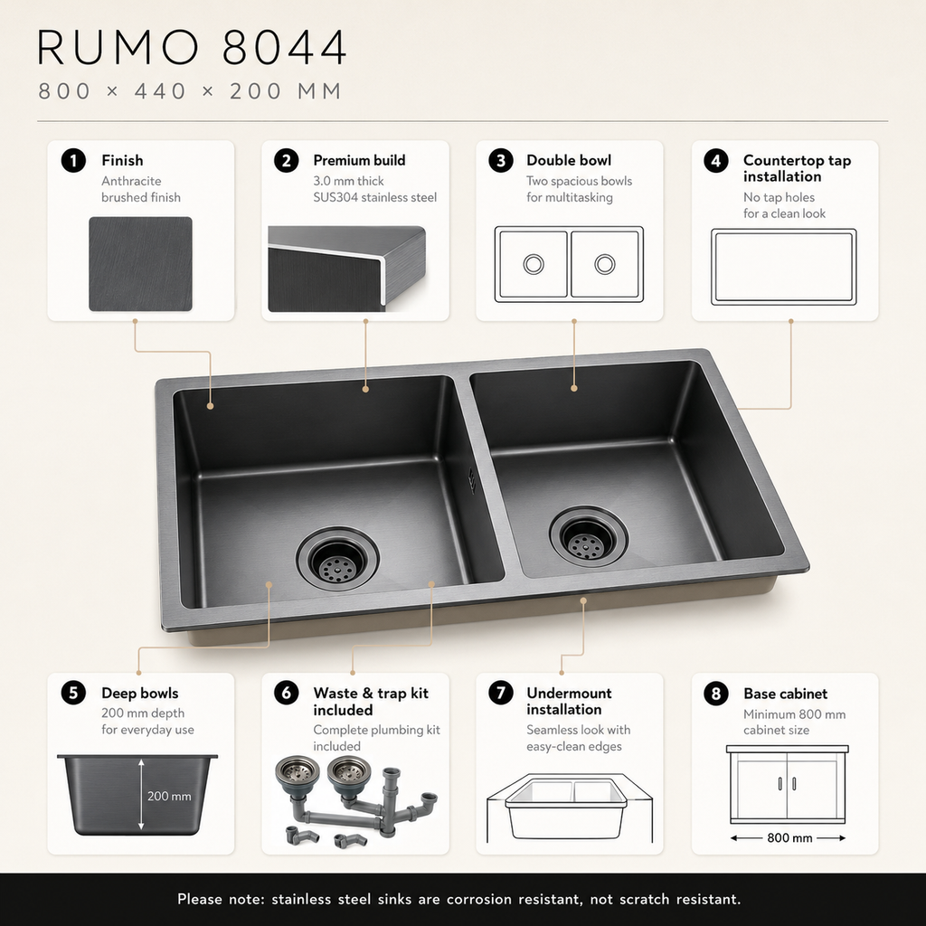 RUMO 8044 Anthracite Double Bowl Undermount Kitchen Sink, 800x440mm installed on a kitchen countertop